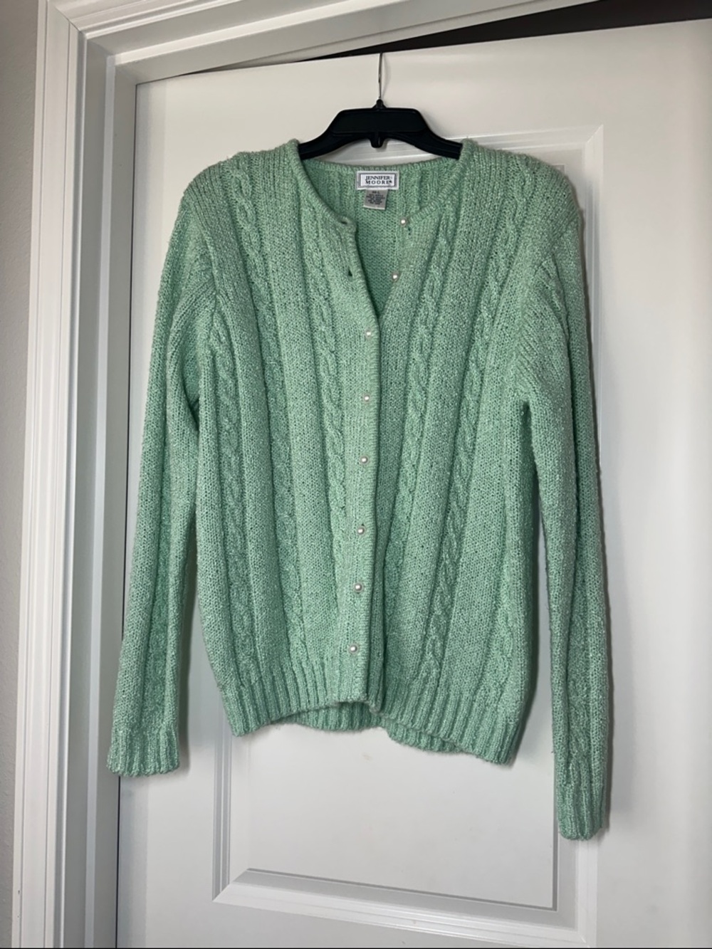 Spring Mint Cable-Knit Cardigan with Pearl Buttons